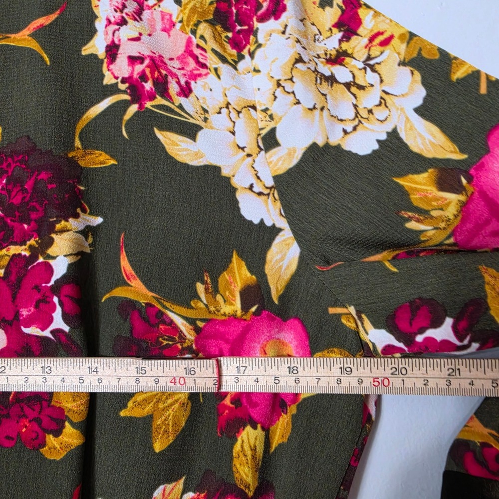 New York & Company Duster Floral Velvet Trim Longline Boho Olive Green Size M - Picture 8 of 8